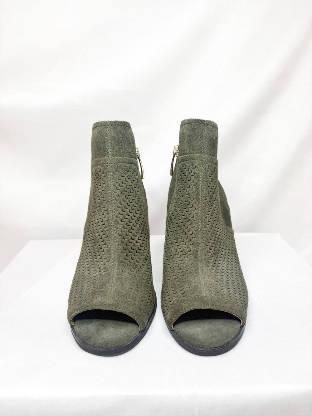 Essex Lane Olive Suede Peep-Toe Block Heel Booties - Picture 2 of 5